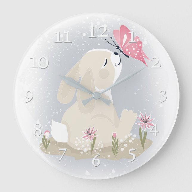Cute baby Bunny and butterfly. Large Clock (Front)