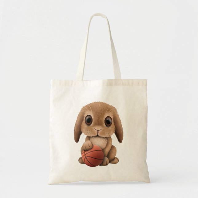 Cute Baby Bunny Playing With Basketball Tote Bag (Front)