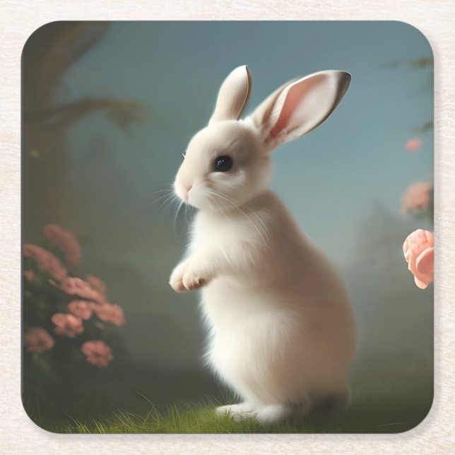 Cute Baby Bunny Portrait   Square Paper Coaster (Front)