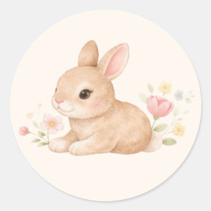 Cute Baby Bunny Rabbit Pink Flowers Classic Round Sticker