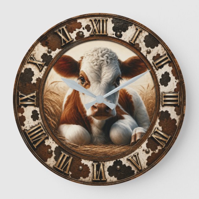 Cute Baby Calf Rustic Farmhouse Large Clock (Front)