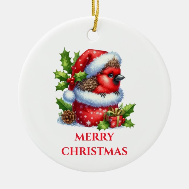 Cute Baby Cardinal Christmas Ceramic Tree Decoration (Front)