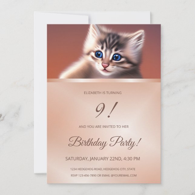 Cute Baby Cat |  Rose Gold  Girls  Invitation (Front)