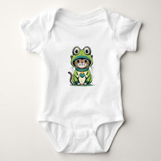 Cute Baby Cat with Frog Hat Bodysuit (Front)