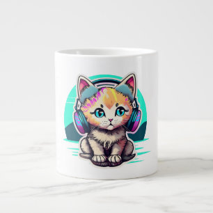 Cute Baby Cat with Headphones Large Coffee Mug