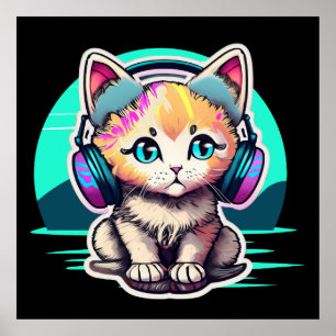 Cute Baby Cat with Headphones Poster