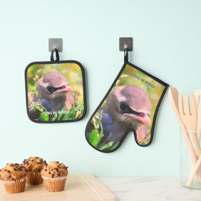 Cute Baby Cedar Waxwing Bird Personalised Oven Mitt & Pot Holder Set (Insitu(Hanging))