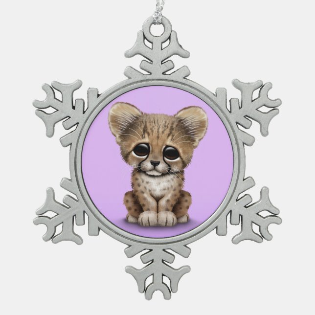 Cute Baby Cheetah Cub on Purple Snowflake Pewter Christmas Ornament (Front)