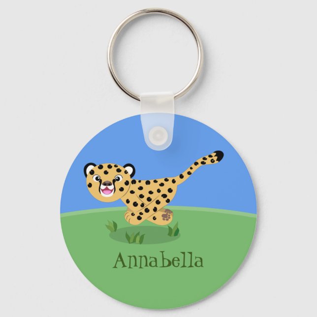 Cute baby cheetah running cartoon illustration key ring (Front)