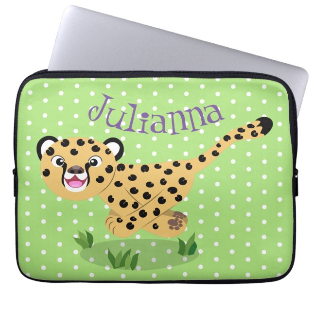 Cute baby cheetah running cartoon illustration laptop sleeve (Front)