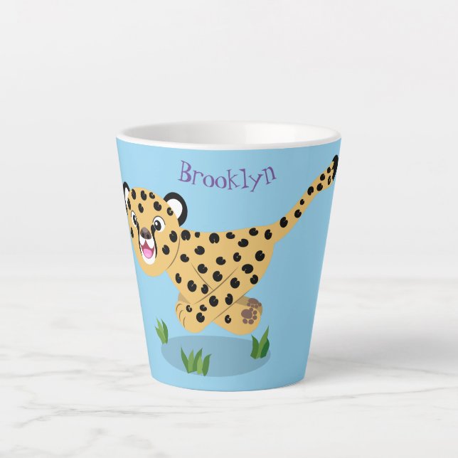 Cute baby cheetah running cartoon illustration latte mug (Front)