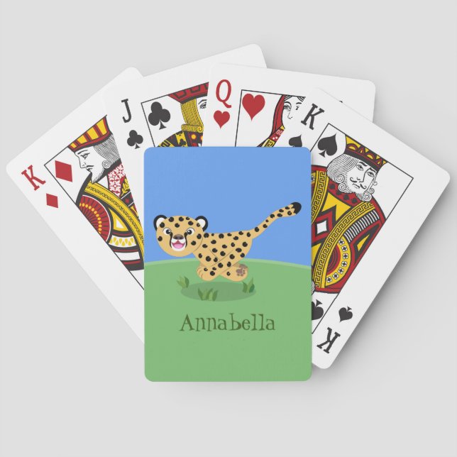Cute baby cheetah running cartoon illustration playing cards (Back)
