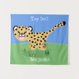 Cute baby cheetah running cartoon illustration tapestry