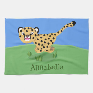 Cute baby cheetah running cartoon illustration tea towel