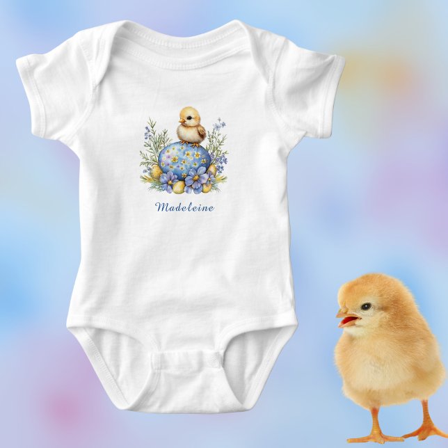 Cute Baby Chick Easter Egg Blue Yellow Monogram Bodysuit (Creator Uploaded)