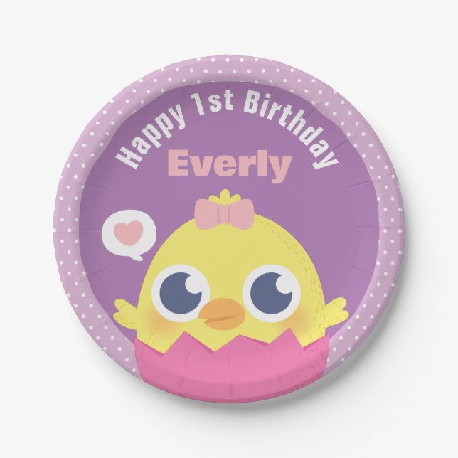 Cute Baby Chick Girl First Birthday Party Supplies Paper Plate (Front)