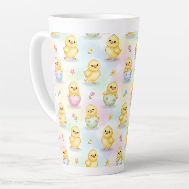 Cute Baby Chick Watercolor Easter Pink Pattern Latte Mug (Left Angle)