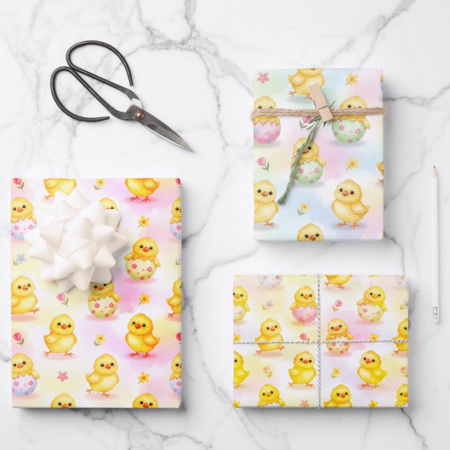 Cute Baby Chick Watercolor Easter Wrapping Paper Sheet (Front)