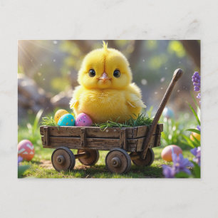Cute Baby Chick with Easter Eggs and Wagon  Holiday Postcard