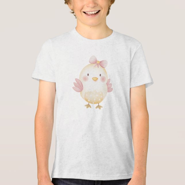 Cute Baby Chick with Pink Bow Illustration Tri-Blend Shirt (Front)