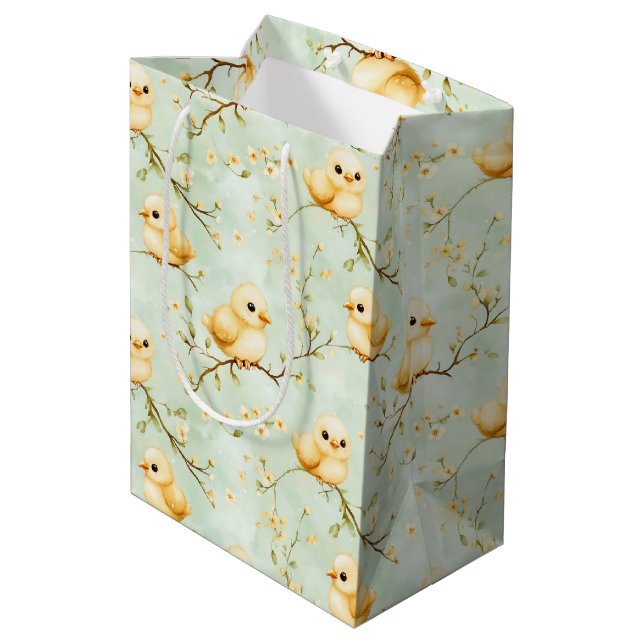 Cute Baby Chicks Mint Green Spring Floral Pattern Medium Gift Bag (Back Angled)
