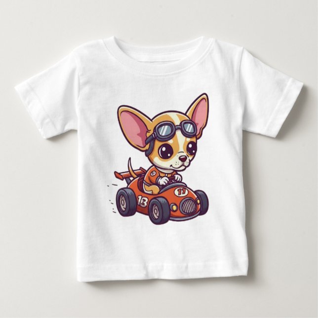 Cute Baby Chihuahua Race Car Driver T-Shirt (Front)