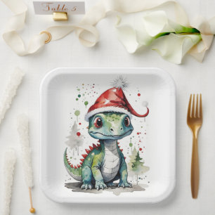 Cute Baby Christmas Dinosaur in a Santa Hat Paper Plate