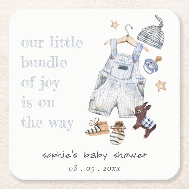 Cute Baby Clothes Essentials Blue Boy Baby Shower Square Paper Coaster (Front)