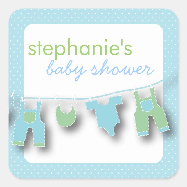 Cute Baby Clothes on the Line for Boy Baby Shower Square Sticker (Front)