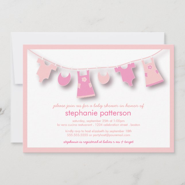 Cute Baby Clothes on the Line for Girl Baby Shower Invitation (Front)