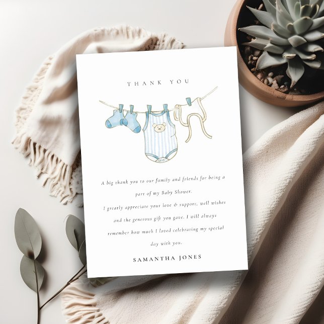 Cute Baby Clothesline Aqua Blue Boy Baby Shower Thank You Card (Creator Uploaded)