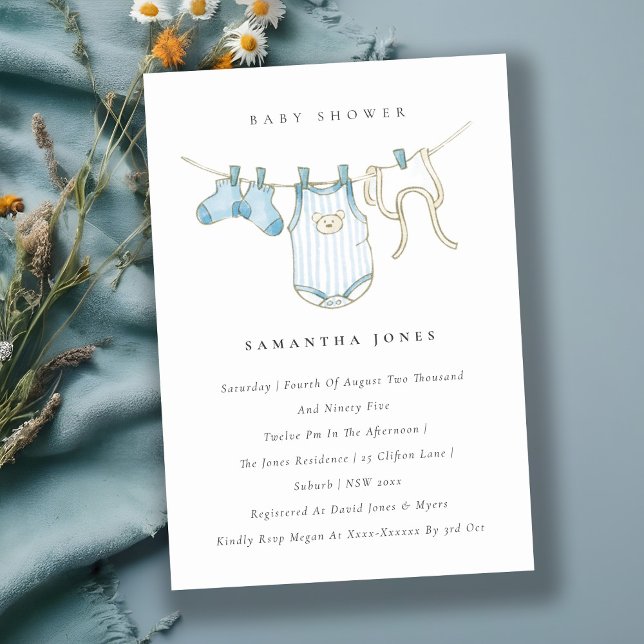 Cute Baby Clothesline Blue Boy Baby Shower Invite (Creator Uploaded)