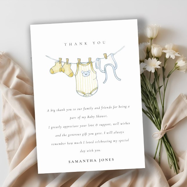 Cute Baby Clothesline Yellow Natural Baby Shower Thank You Card (Creator Uploaded)