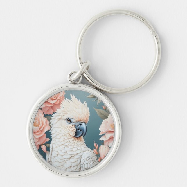 Cute Baby Cockatoo Parrot Soft Pink Flowers Key Ring (Front)