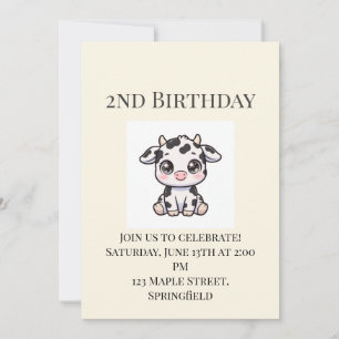 Cute Baby Cow 2nd Birthday Invitation