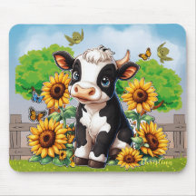 Cute Baby Cow and Sunflowers Custom Mousepad