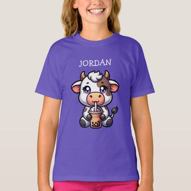  Cute Baby Cow Drinking Boba Kawaii Cartoon T-Shirt (Front)