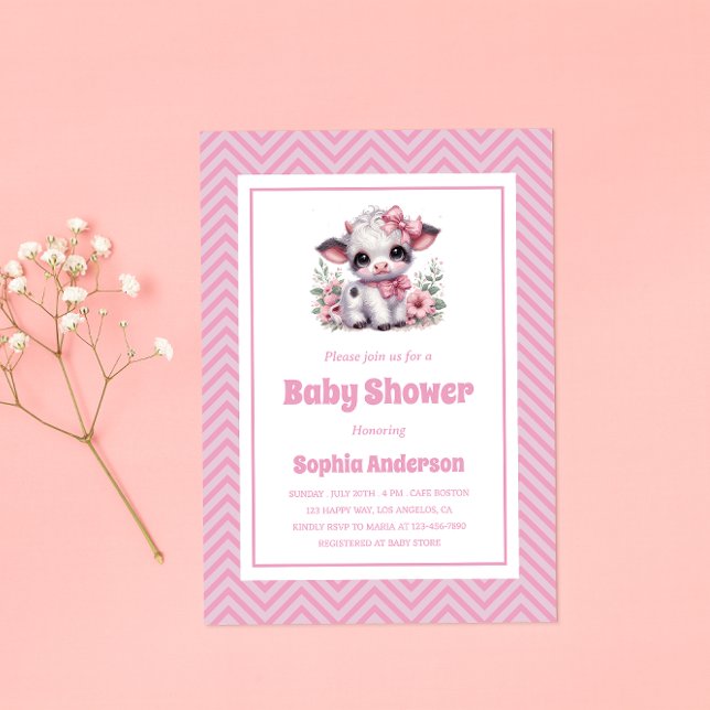 Cute Baby Cow Girl Baby Shower - Pink Floral Farm  Invitation (Creator Uploaded)