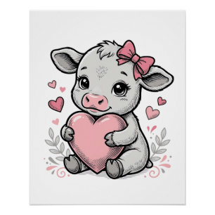 Cute Baby Cow Heart Vintage Engraving Shirt Design Poster