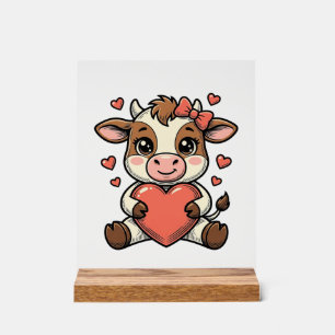 Cute Baby Cow Holding Heart Vintage Engraving Shir Acrylic Sign