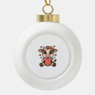 Cute Baby Cow Holding Heart Vintage Engraving Shir Ceramic Ball Christmas Ornament
