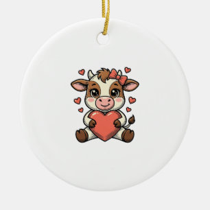 Cute Baby Cow Holding Heart Vintage Engraving Shir Ceramic Tree Decoration