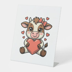 Cute Baby Cow Holding Heart Vintage Engraving Shir Pedestal Sign