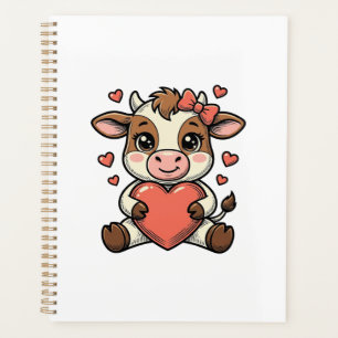 Cute Baby Cow Holding Heart Vintage Engraving Shir Planner