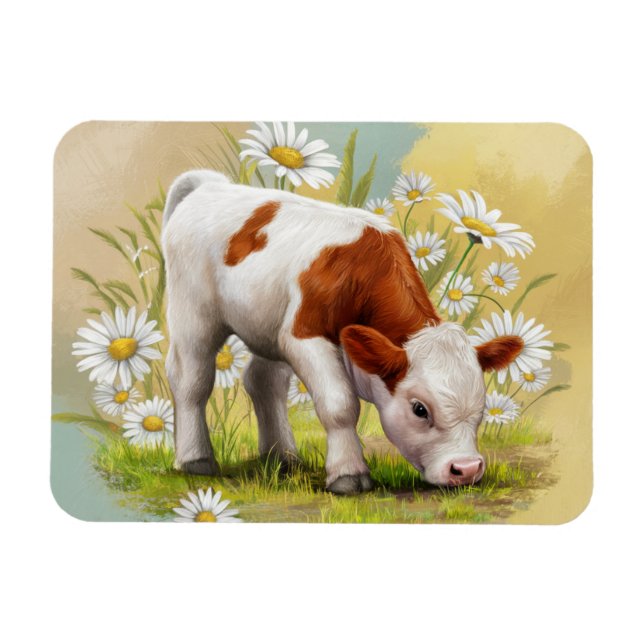 Cute Baby Cow in a field of Daisies Flowers Magnet (Horizontal)