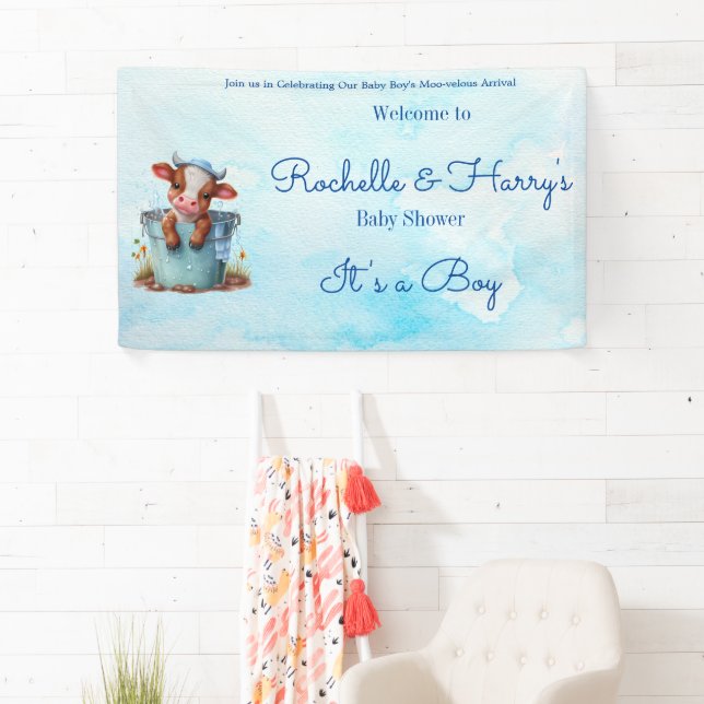Cute Baby Cow in Bucket Blue Baby Shower Its a Boy Banner (Insitu)