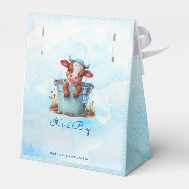 Cute Baby Cow in Bucket Blue Baby Shower Its a Boy Favour Box (Back Side)