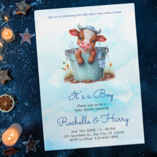 Cute Baby Cow in Bucket Blue Baby Shower Its a Boy Invitation