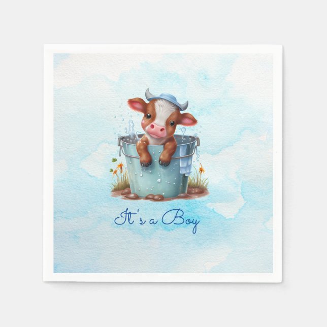 Cute Baby Cow in Bucket Blue Baby Shower Its a Boy Napkin (Front)