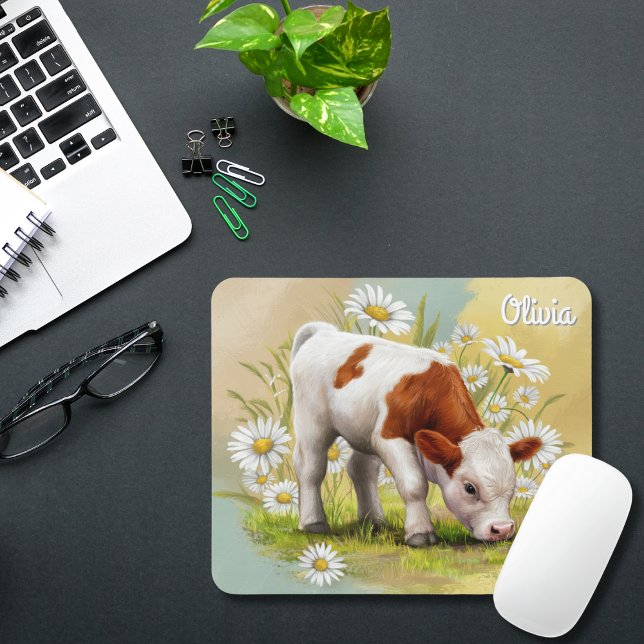 Cute Baby Cow in field of Daisies,Country Western Mouse Pad (Creator Uploaded)